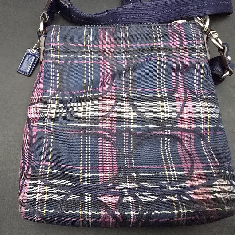 Coach Poppy Tartan Plaid Signature Crossbody Bag Purse Blue Purple Pink - Picture 7 of 12